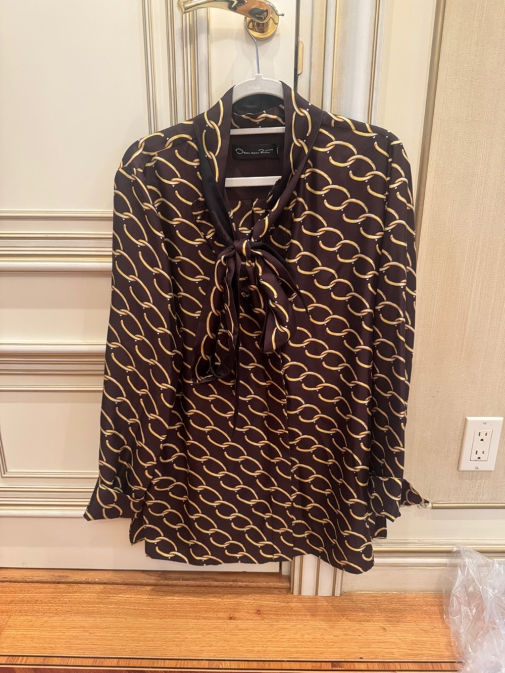 Oscar de la Renta Black Blouse with Gold Chain Print and Tie Neck